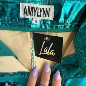 Lala brand teal metallic straight leg pants